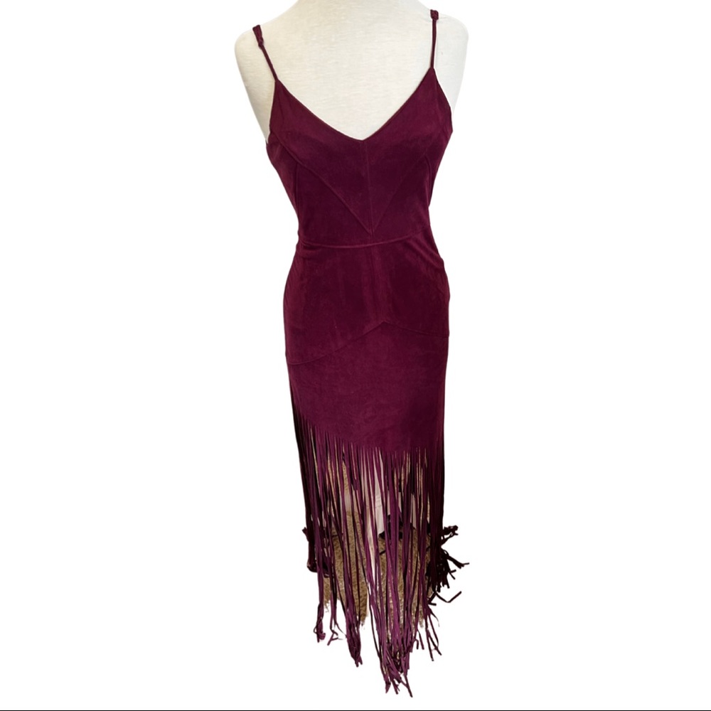 Women's Burgundy Fringe Maxi Dress - Sleeveless V-Neck